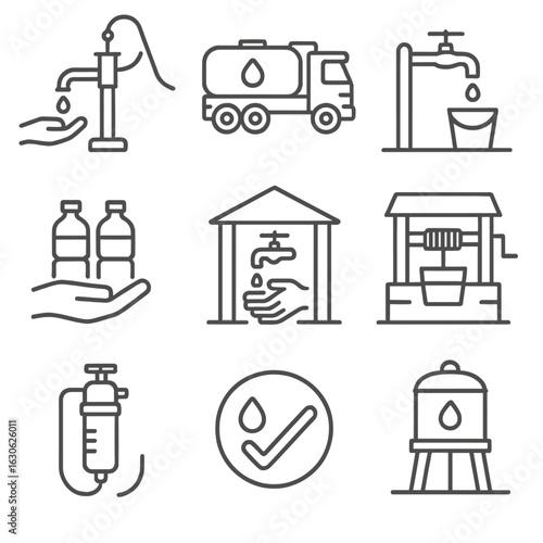 Clean Water Icons. Line style icons of clean water access: water pump hand icon, water truck, rural tap system, water bottle