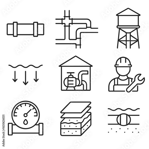 Water Infrastructure Icons. Line style icons of municipal water infrastructure: water main line, underground pipe map, pumping
