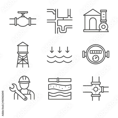 Water Infrastructure Icons. Line style icons of municipal water infrastructure: water main line, underground pipe map, pumping