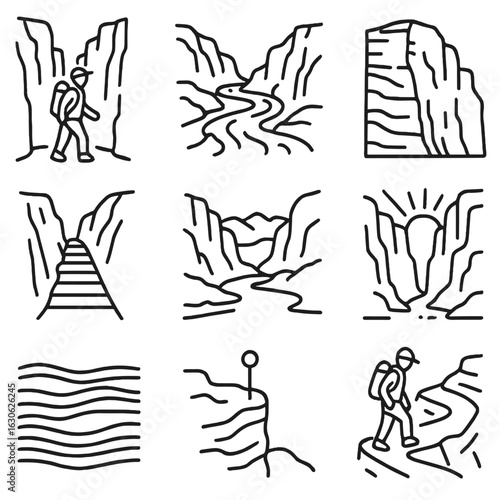 Canyon Exploration Icons. Line style icons of canyon and valley exploration: hiker in deep gorge, river winding through rocks,