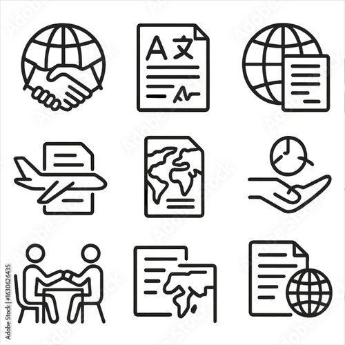 International Business Icons. Line style icons of international business deals: globe and handshake, multilingual contract icon,
