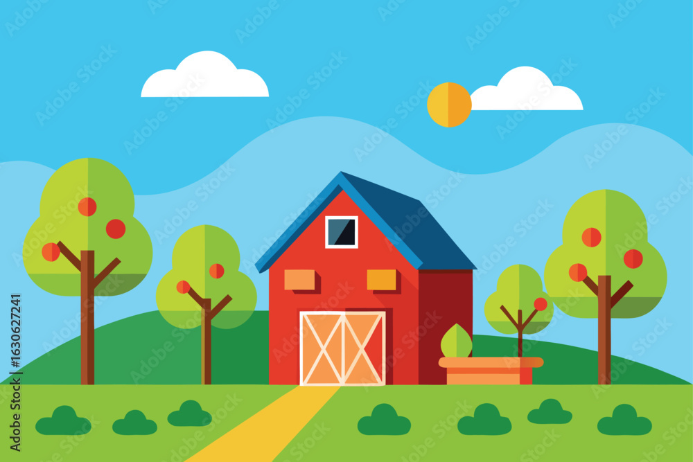 Fototapeta premium Red Barn with Orchard Trees Vector