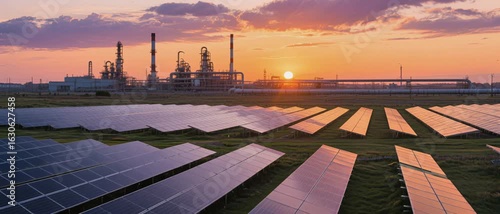 Sunset Power Generation, Solar Panels, Industrial Zone, Photo, Outdoor Landscape, Wide-Angle, Clean Energy Transition