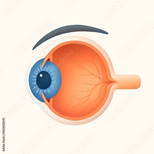 3D medical illustration of human eye anatomy showing retina, iris, pupil, and optic nerve for education and healthcare visualization