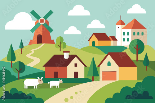 Windmill and Village Landscape Vector