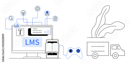 Computer screen, mobile with open book, game controller, delivery truck, symbols for education and logistics. Ideal for e-learning, tech tools, content delivery, logistics gamification study