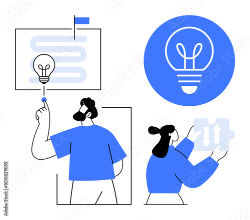 Two professionals brainstorming with a roadmap, puzzle piece, and light bulb ideas. Ideal for innovation, strategy, teamwork, planning, learning, creativity simple landing page