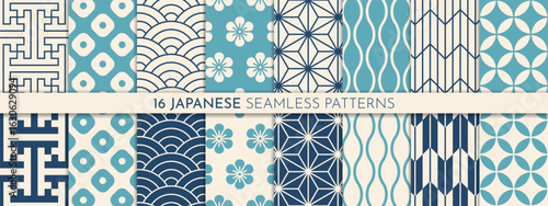Traditional Japanese pattern set. Seamless abstract backgrounds with lines, flowers.