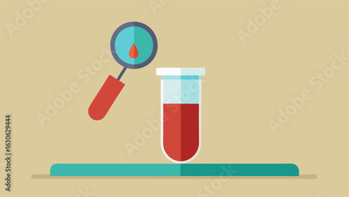 Blood Sample An illustration showing a drop of on a clean glass slide with a magnifying glass hovering above it indicating tests.