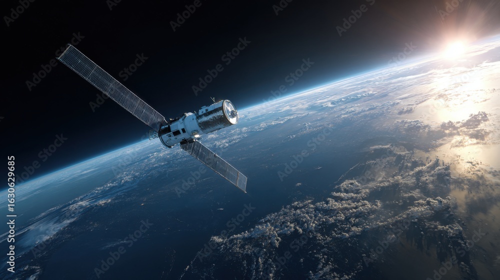 Obraz premium satellite orbiting earth sunrise view