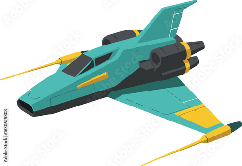 Futuristic teal and yellow spaceship vector illustration with sleek design and twin engines in isometric style 