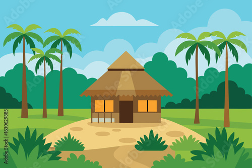 Wooden Hut with Palm Trees Vector Background