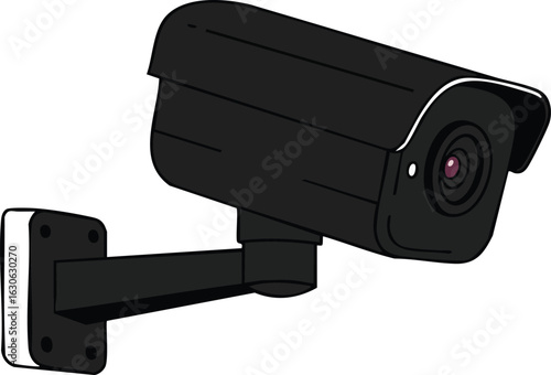 Security camera surveillance device mounted on wall for monitoring and protection in black color vector illustration 