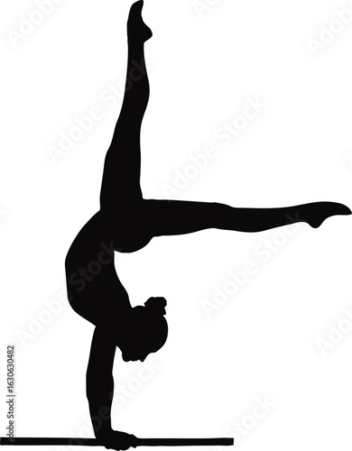 Silhouette of a female gymnast performing a one-arm handstand split on a beam