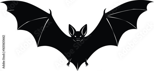 Black bat silhouette icon with spread wings isolated on white for Halloween design