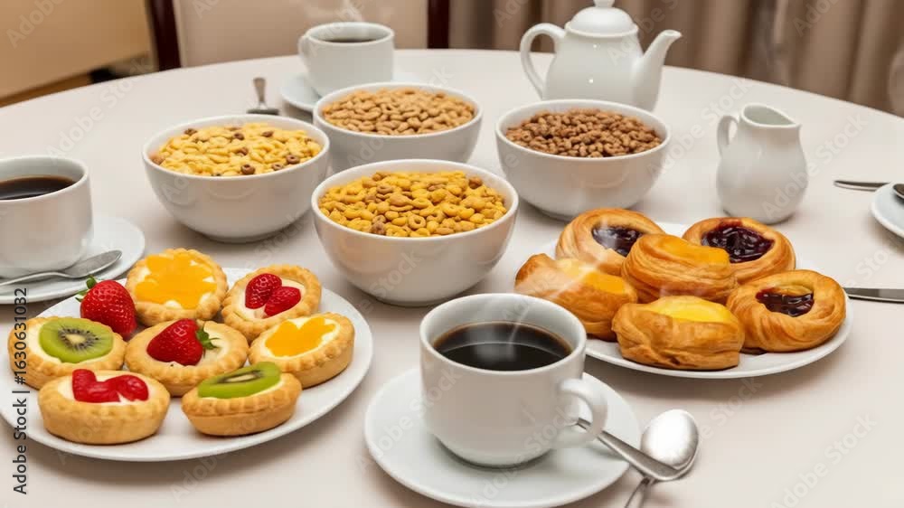Breakfast table with assorted cereals pastries and coffee breakfast foods on a table breakfast spread with cereals and pastries Breakfast table with assorted cereals pastries and coffee breakfast foods on a table breakfast spread with cereals and pastries