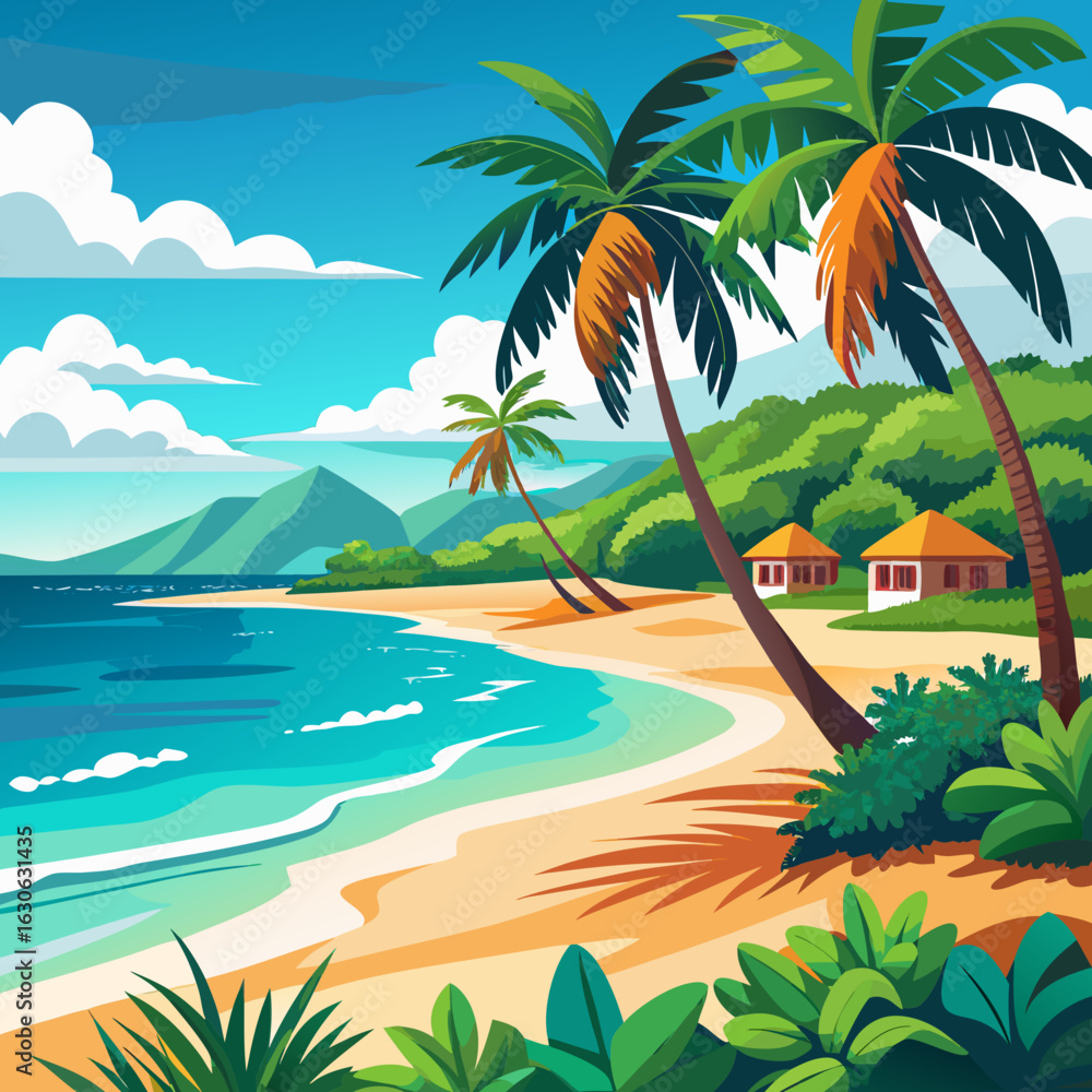 Obraz premium Tropical beach paradise with palm trees and bungalows