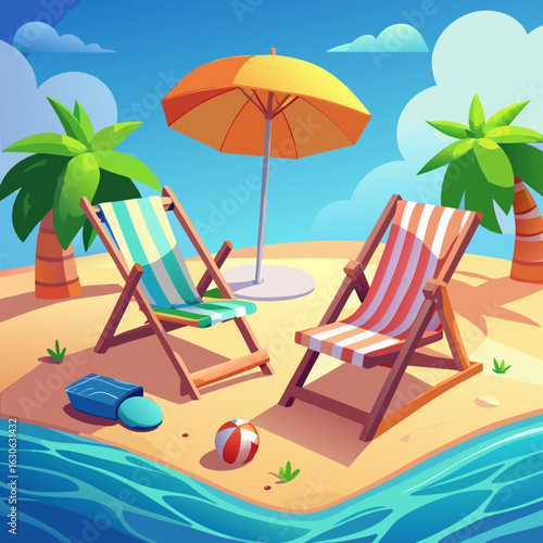 Tropical beach scene with lounge chairs and umbrella on a sunny day