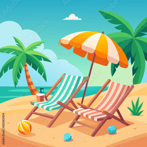 Two striped lounge chairs under a beach umbrella with palm trees and ocean view