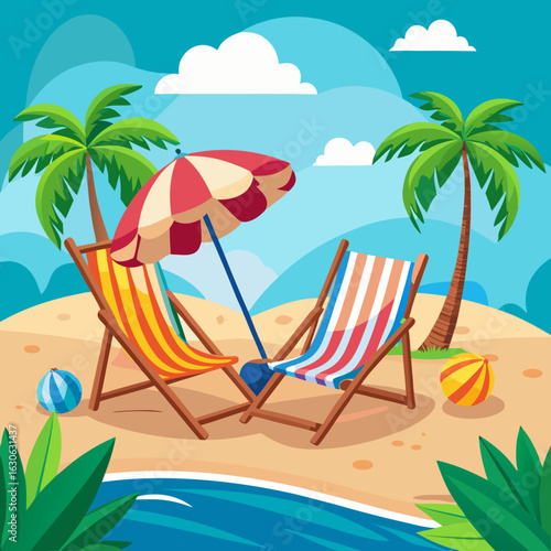 Tropical beach scene with deck chairs and palm trees