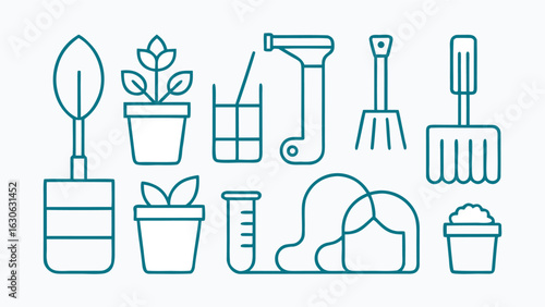 Vector art of gardening tools and plants icon set isolated on white background.