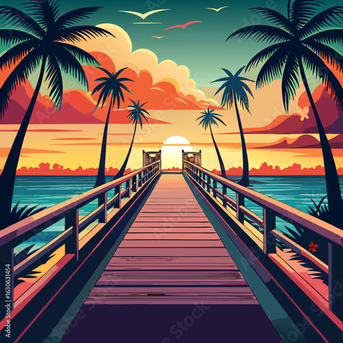 Tropical pier leading to the ocean at sunset with palm trees