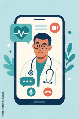 Telemedicine concept with online doctor consultation on smartphone screen showing video call, chat, and healthcare app interface