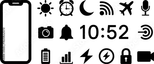 Smartphone user interface icon set with notification and status bar symbols