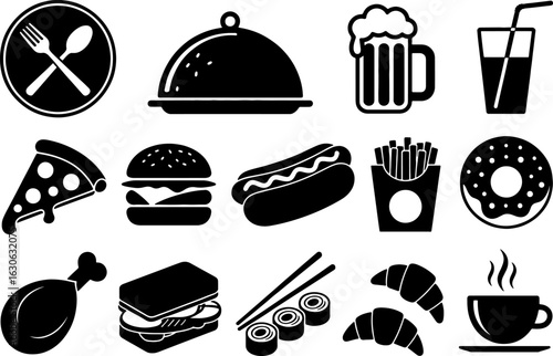Fast food and restaurant icon set with drink symbols isolated on white background