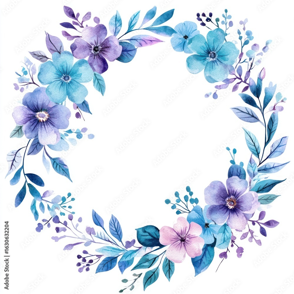 Fototapeta premium Blue and purple and turquoise flowers circle frame illustration watercolor wreath.