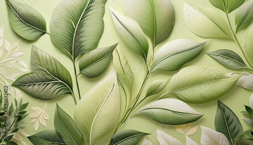 botanical wallpaper design featuring soft lime cream tones with delicate leaf patterns for fresh and modern interior aesthetics