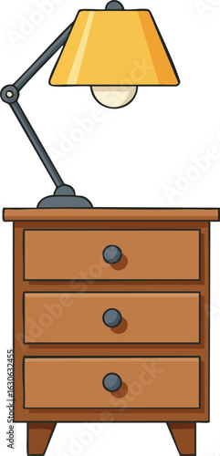 Adjustable desk lamp with yellow shade on wooden three drawer nightstand vector illustration room furniture design