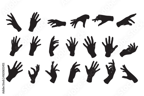 Diverse Set of Black Silhouette Human Hands in Various Poses and Gestures on White Background