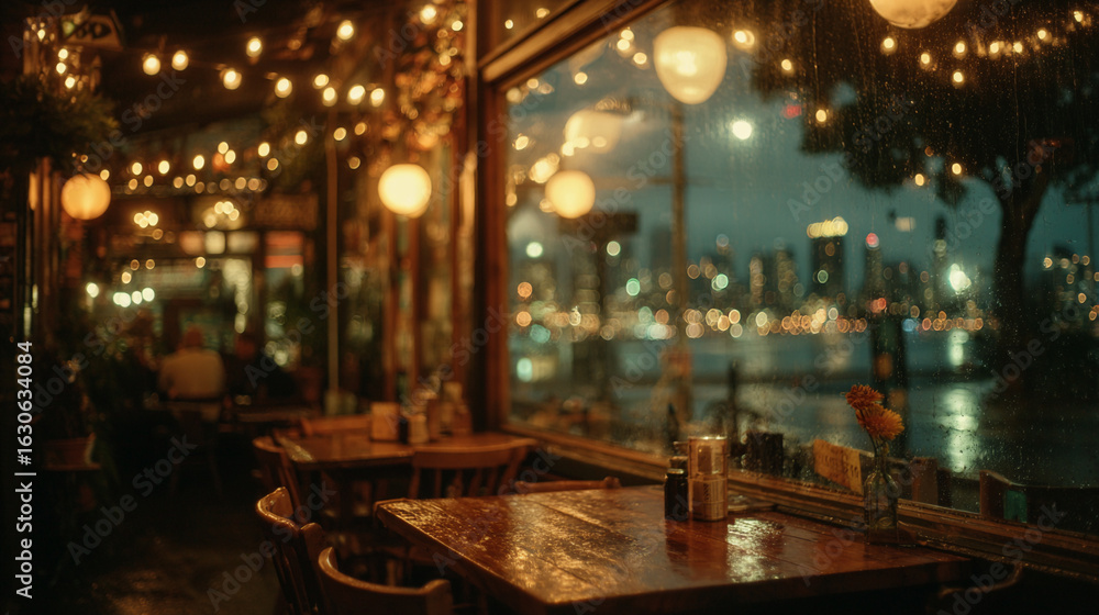 A rainy night in a cozy restaurant with a beautiful city view, romantic and warm. A rainy night in a cozy restaurant with a beautiful city view, romantic and warm.