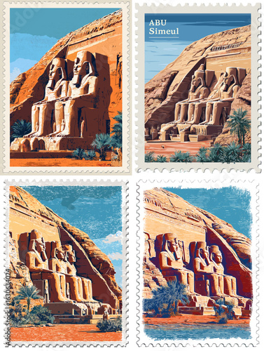 Colorful illustrated stamps of Abu Simbel Temple with carved statues and majestic cliffs, capturing the grandeur of this ancient Egyptian monument.

