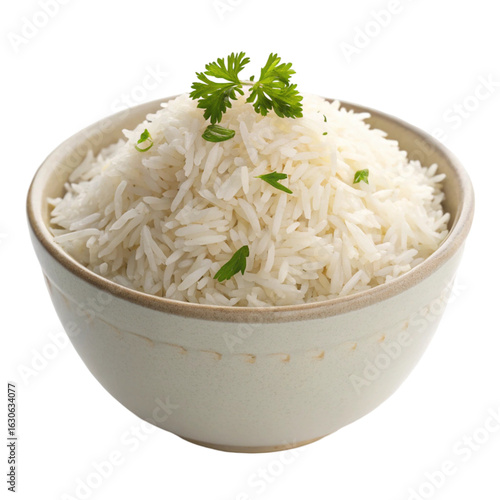 Indian basmati white rice in a ceramic bowl isolated on transparent background  
