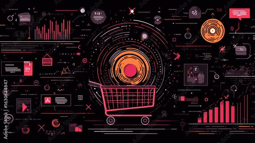 Digital shopping cart surrounded by abstract data visualizations Digital shopping cart surrounded by abstract data visualizations