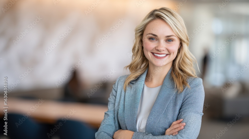 Fototapeta premium A professional in business attire with a welcoming expression, soft office lighting enhancing his confidence.