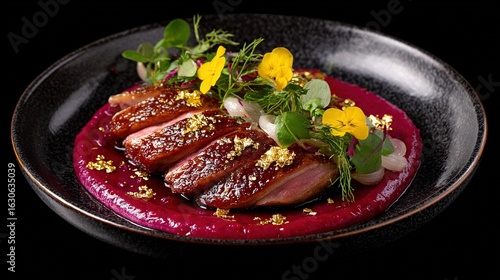  Plate of meat in red sauce, garnished with green leaves and yellow flowers on black background