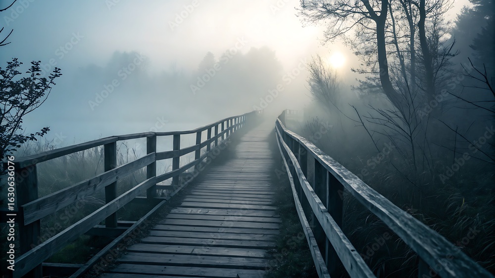 Naklejka premium Foggy Wooden Path Leading to Tranquil Nature, Featuring Trees and Misty Atmosphere, Ideal for Serene Scenery.