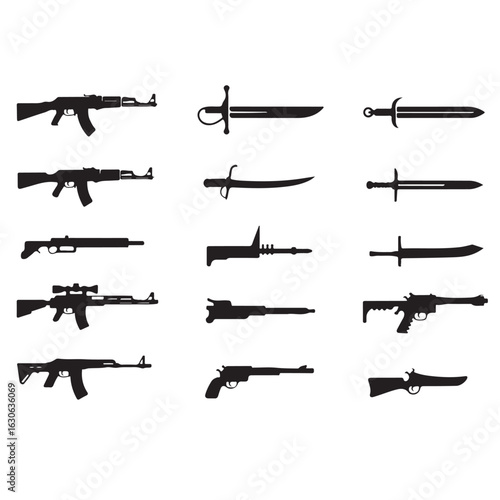 A collection of isolated black weapon silhouettes, including assault rifles and handguns, for military and army illustrations