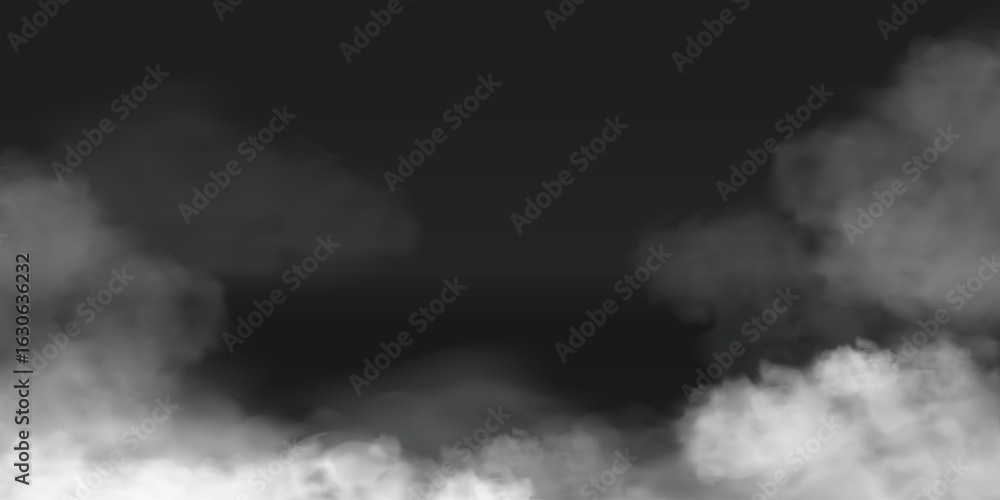 Fototapeta premium Realistic fog, smoke, soft white clouds on dark background. Atmospheric vector illustration for banners, overlays or spooky scenes.