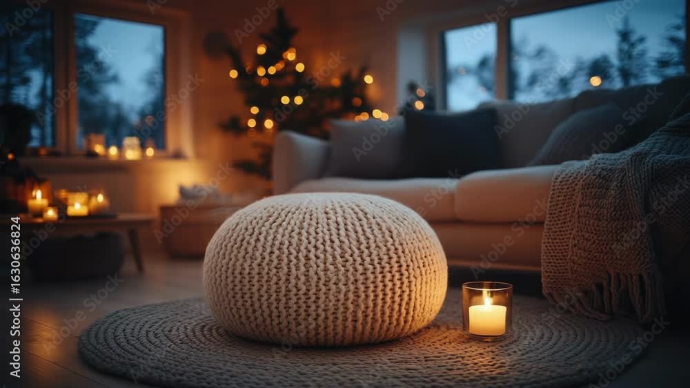 Cozy living room interior with candlelight and knitted pouf by christmas tree