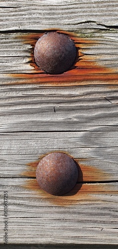 Two rusty bolts embedded in aged wooden planks with visible corrosion marks and weathered wood grain, forming a rustic industrial background