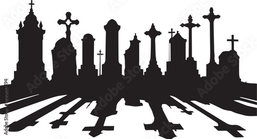 Graveyard Silhouette Vector Illustration with Tombstones and Crosses

