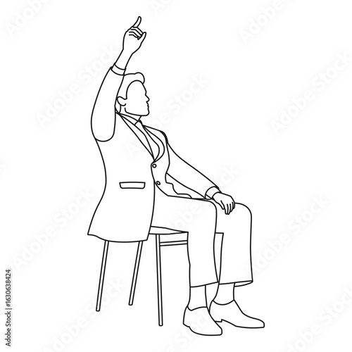Man sitting on chair waiting, sketch of man with hand raised up
