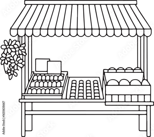 Vibrant Market Stall Illustration A Detailed Line Art Depiction of a Fresh Produce Display Stand