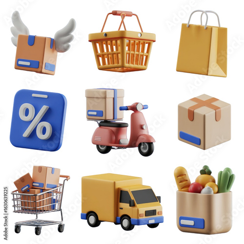 E-commerce icons set for online shopping, delivery, logistics, discounts, and store transactions