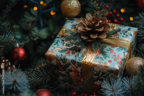 Photo of christmas gift box with pinecone and ribbon