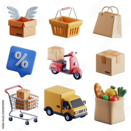 3d illustration of shopping and delivery icons with cart bag scooter and packages for online market